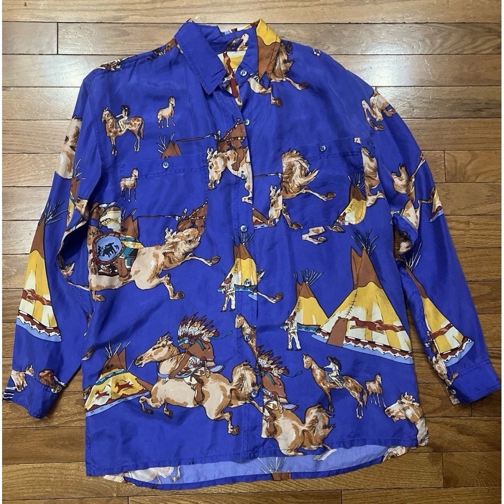 Vintage JAB 100% Silk Southwestern Horse Teepee Print Button Up Shirt Women's L
